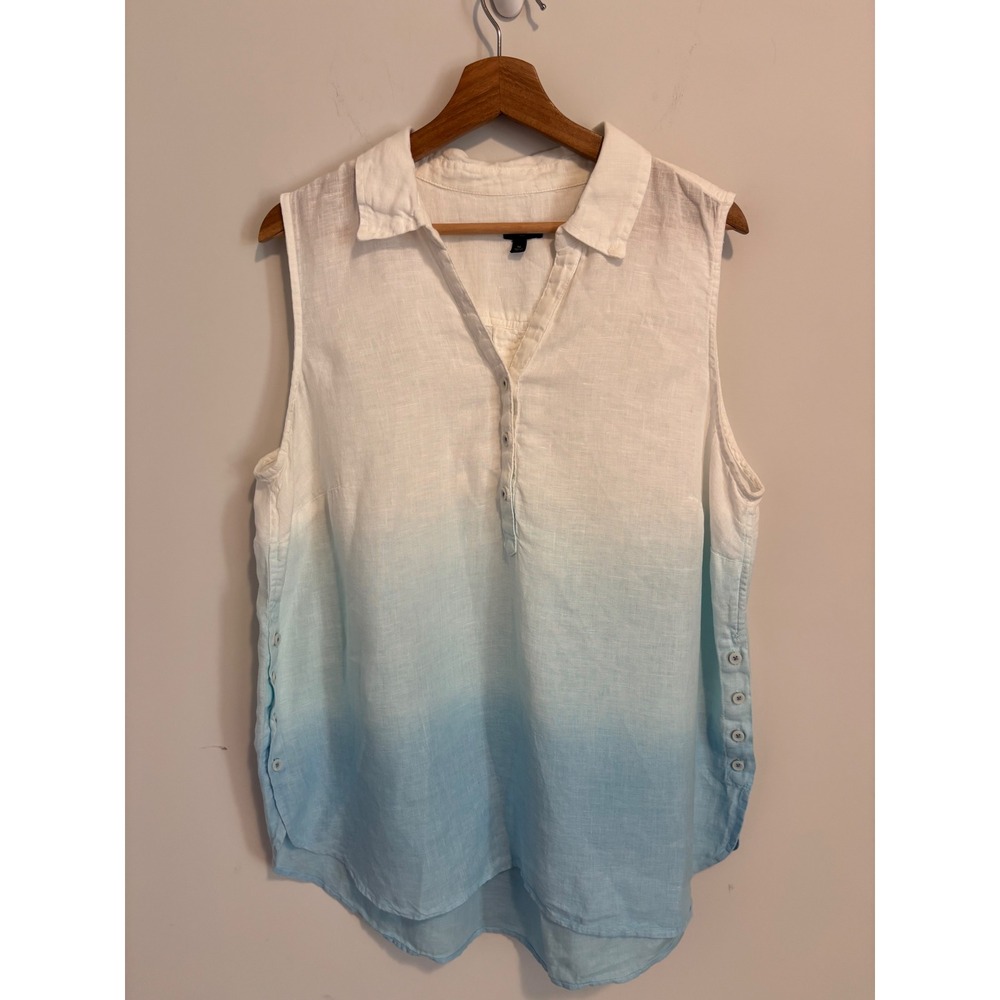 Talbots Plus Womens 1X Linen Ombre Sleeveless Tunic Top Blue White Dip Dye